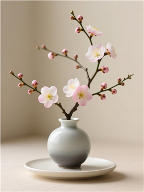 东方禅意梅花插花摄影图片